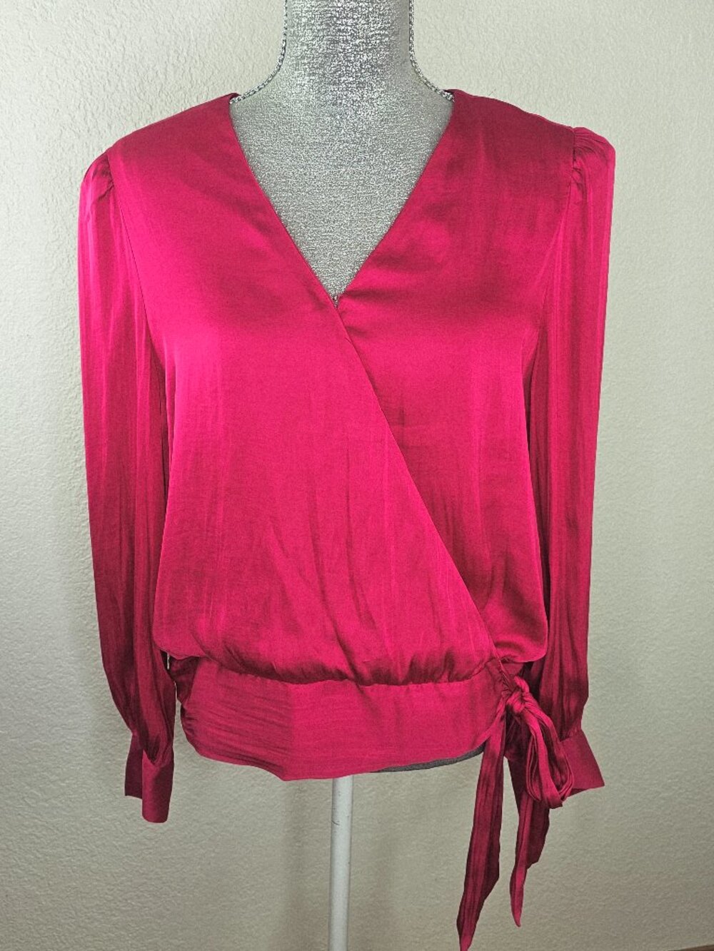 Banana Republic Fushia Pink Balloon Sleeve Tie Waist Wrap Top Size Large